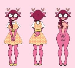 anthro antlers big_breasts big_glasses braided_hair breasts cervid cherry_(nyta) clothed clothing curvy_figure dear digital_media_(artwork) dress eyewear female footwear fur genitals glasses hair heart hearts_around_body horn jammedvhs looking_at_viewer mammal model_sheet multicolored_body multicolored_fur navel nipples nude pink_body pink_fur pink_hair pussy round_glasses shirt shoes simple_background smile solo standing thick_thighs topwear two_tone_body two_tone_fur voluptuous white_clothing white_shirt white_topwear wide_hips yellow_clothing yellow_dress yellow_footwear yellow_shoes