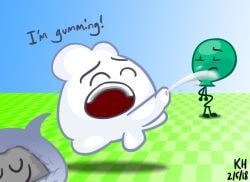 animate_inanimate balloony_(bfdi) balls battle_for_dream_island bodily_fluids cloudy_(bfb) cum exclamation_point genital_fluids genitals group kh kingheron male male/male object_shows open_mouth penis pun rocky_(bfdi) text trio vore