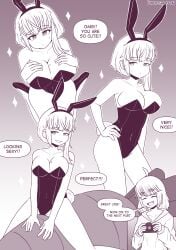 2girls breasts bunny_girl bunnysuit comic comic_page dialogue english english_dialogue female female_only giantess huge_breasts inksgirls macro_female micro_female micro_on_macro mole_on_breast monochrome original original_character page_6 short_hair shrinking shrunk shrunken_woman yuri