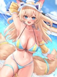1girls 2021 :d animal_ears arm_up armpits bare_shoulders bikini blonde_hair blue_bikini blue_eyes breasts cleavage collarbone day detached_sleeves fake_animal_ears female female_focus female_only fox_ears fox_girl fox_tail front-tie_bikini front-tie_top halter_top halterneck highres holding huge_weapon inaho_(world_flipper) kitsune large_breasts long_hair looking_at_viewer multiple_tails navel neneru open_mouth outdoors skin_fang skindentation smile solo solo_female stomach string_bikini swimsuit tail thick_eyebrows thigh_strap thighs two_tails visor_cap weapon wet world_flipper