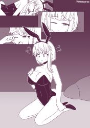 2girls breasts bunny_girl bunnysuit comic comic_page dialogue english english_dialogue female female_only huge_breasts inksgirls micro_female mole_on_breast monochrome original original_character page_3 short_hair shrinking shrunk shrunken_woman yuri