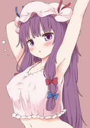 1girls :o arms_up bangs big_breasts blush breasts female female_only hat light-skinned_female light_skin long_hair looking_at_viewer midriff mob_cap navel open_mouth patchouli_knowledge purple_eyes purple_hair solo solo_female solo_focus stretching tagme techi_(techi35499) touhou