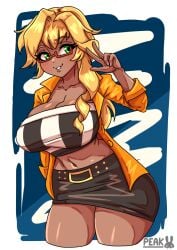 blonde_hair clothed glasses green_eyes large_breasts peakedcomedy rui_yamase simple_background tan_skin v_sign wide_hips