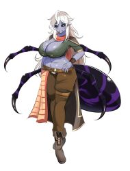 6_eyes abs adventurer ahoge arachne arachnid arani_of_the_forest big_breasts blush boots cleavage clothed dnd elf_ears female green_eyes long_hair mandibles midriff monster_girl multi_arm multi_eye multi_limb pants pointy_ears purple_skin scarf six_pack smile spider_eyes spider_humanoid spider_legs thorax transparent_background virtual_youtuber white_hair