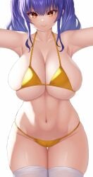 1girls 2022 absurdres alternate_version_available armpits arms_behind_head arms_up asamura_hiori azur_lane bangs bikini blue_hair breasts cleavage close-up collarbone female female female_focus female_only head_out_of_frame highres huge_breasts long_hair looking_at_viewer micro_bikini navel official_alternate_costume pola_(azur_lane) pola_(seaside_coincidence)_(azur_lane) simple_background skindentation smile solo solo_female standing swimsuit thighhighs twintails white_background white_thighhighs yellow_bikini