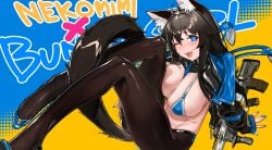 ;) absurdres animal_ears blue_eyes blush breasts bullpup cat_ears cat_tail detached_collar female full_body gun high_heels highres kare_huang latex_jacket looking_at_viewer meme_attire one_eye_closed open_mouth original pantyhose reverse_bunnysuit reverse_outfit smile tail weapon