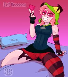 1girls bed bedroom cameltoe cartoon_network condom cosplay demencia_(cosplay) demencia_(villainous) evil_raccoon female female_focus female_only heart heart-shaped_pupils medium_breasts miniskirt miss_heed_(villainous) pink_eyes pink_hair pink_skin short_hair smile underwear villainous