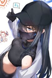 1boy 1girls arius_satellite_school_student arius_squad_(blue_archive) background_character big_breasts black_hair blue_archive blue_eyes breasts crop_top female hat horn/wood male mask masked masked_female navel raw_egg_lent saori_(blue_archive) sweat sweating tagme thumbs_up