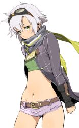 1girls belly belly_button belt coat eiyuu_densetsu enami_katsumi female female_focus female_only fie_claussell goggles goggles_on_head green_eyes groin jacket looking_at_viewer midriff navel scarf sen_no_kiseki short_hair short_shorts shorts silver_hair simple_background solo solo_female solo_focus stomach trails_of_cold_steel white_background white_hair yellow_eyes