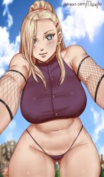 1girls big_breasts blonde_hair blue_eyes blush breasts crop_top donyta elbow_pads fat_belly female female_only fishnets highleg highleg_panties huge_breasts ino_yamanaka long_hair looking_at_viewer looking_down midriff naruto naruto_(series) naruto_shippuden panties ponytail pov pov_eye_contact shirt sleeveless sleeveless_shirt smile solo solo_focus tied_hair