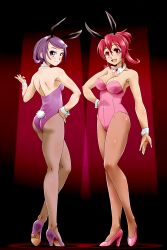 2girls aida_mana animal_ears asada_okina clothing detached_collar dokidoki!_precure fake_animal_ears fishnet_pantyhose fishnets high_heels kenzaki_makoto leotard multiple_girls open_mouth pantyhose pink_eyes pink_hair playboy_bunny precure pretty_cure purple_eyes purple_hair short_hair small_breasts smile