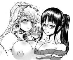 3girls areolae bare_shoulders black_hair blonde_hair blush breasts collar crossover female female_only glasses hair_ornament heart-shaped_pupils inverted_nipples large_breasts looking_at_viewer nico_robin one_piece one_piece_film_strong_world ponytail pridys prina pullover rebis seductive_smile sweater symmetrical_docking twin_dungeon_princesses wedding_veil