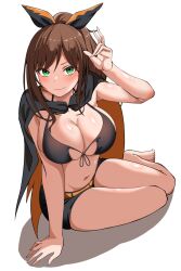 1girls artist_request bangs bare_arms bare_belly bare_skin bare_stomach bare_thighs barefoot belly belly_button big_breasts bikini bikini_top_only black_and_orange black_bra black_cape black_clothing black_short_shorts black_shorts blush breasts brown_hair cape cleavage closed_mouth closed_smile confident confident_smile covered_nipples enormous_breasts female female_only full_body gigantic_breasts green_eyes hair_ribbon half_clothed half_dressed half_naked hand_on_floor huge_breasts large_breasts light-skinned_female light_blush light_skin long_hair looking_at_viewer navel no_shoes open_eyes orange_clothing ponytail re:zero_kara_hajimeru_isekai_seikatsu ribbon shaula_(re:zero) short_shorts shorts simple_background sitting smile smiling smiling_at_viewer solo solo_female solo_focus swimsuit thick_thighs thighs welcoming white_background wide_hips