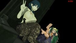 2girls 3d barefoot breasts breasts_out byleth_(fire_emblem) byleth_(fire_emblem)_(female) exposed_breasts feet female female_only fire_emblem fire_emblem:_three_houses htr18 leggings looking_at_viewer multiple_girls nintendo nipples peace_sign sitting soles sothis_(fire_emblem) throne toes topless topless_female v