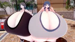 2girls 3d clothed clothing danganronpa female female_only hyper hyper_breasts jinvin koikatsu looking_at_viewer maizono_sayaka mukuro_ikusaba outdoors outside peace_sign smiling_at_viewer straight_hair thick_thighs