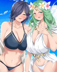 2girls alternate_breast_size alternate_costume alternate_version_available asymmetrical_docking bare_midriff bare_shoulders bare_thighs beach big_breasts bikini blue_bikini blue_hair blue_swimsuit breast_press breasts cleavage collarbone female female_only fire_emblem fire_emblem:_three_houses fire_emblem_heroes green_eyes green_hair hair_over_one_eye hourglass_figure huge_breasts kiran_(fire_emblem) kiran_(fire_emblem)_(female) large_breasts long_hair looking_at_viewer midriff multiple_girls nintendo ocean official_alternate_costume outdoors rhea_(fire_emblem) rhea_(summer)_(fire_emblem) short_hair shoulders smile swimsuit thick_thighs thighs toshimasa underboob white_bikini white_swimsuit wide_hips