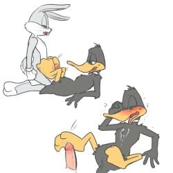 anthro blush bugs_bunny cum cum_on_chest cum_on_feet daffy_duck feet foot_fetish footjob gay looney_tunes lube_on_feet precum soft_feathers tears warner_brothers webbed_feet zehn