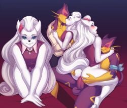 absurd_res alolan_form alolan_ninetales anal anal_sex anthro blush clothed clothing duo hand_on_butt hi_res kissing knight_dd liepard male male/male ninetales nintendo on_lap partially_clothed penetration plum_(purplebird) pokémon_(species) pokemon regional_form_(pokémon) sitting_on_lap tokala_(luckyabsol)