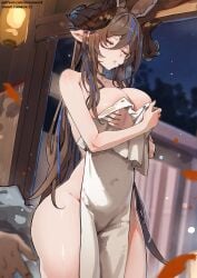 1girls animal_ears bangs breast_hold breasts brown_hair cleavage closed_eyes collarbone elf_ears extra_ears female galleon_(granblue_fantasy) granblue_fantasy horns lantern large_breasts long_hair multicolored_hair naked_towel onsen paper_lantern parted_lips pointy_ears simao_(x_x36131422) solo solo_focus streaked_hair swept_bangs thighs towel