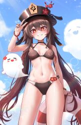 beach belly_button bikini black_bikini blush breasts brown_hair choker cloud female genshin_impact ghost hat hi_res hu_tao_(genshin_impact) looking_at_viewer nail_polish navel peace_sign red_eyes sky small_breasts smile summer twintails v wet
