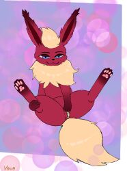 bedroom_eyes eeveelution fakémon female feral flareon flat_colors genitals hi_res narrowed_eyes nintendo pawpads paws pinsel_rhead pokémon_(species) pokemon pussy seductive simple_background solo spread_legs spreading video_games vovo_fwaweon