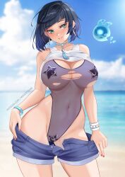 1girls 2022 beach black_hair blue_hair booty_shorts breasts female female_only genshin_impact green_eyes highleg_swimsuit hips huge_breasts jean_shorts looking_at_viewer maebari mandytsune nipple_covers one-piece_swimsuit open_shorts outdoors pasties pussy_covered see-through see-through_clothing short_hair short_shorts shorts slim_waist smile star_pasties swimsuit tank_top thick_thighs thighs top_lift two_tone_hair wide_hips yelan_(genshin_impact)