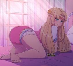 a_link_between_worlds all_fours bed bedroom blonde_hair blue_eyes diaper female lazyblazy lazyblazy_(artist) long_hair nintendo onesie pillow pink_onesie princess_zelda smiling the_legend_of_zelda white_diaper window zelda_(a_link_between_worlds)