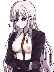 1girls blush breasts comi_(artist) danganronpa danganronpa:_trigger_happy_havoc danganronpa_1 embarrassed exposed_breasts female female_only kirigiri_kyouko open_clothes solo straight_hair white_background