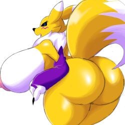 anthro areola ass bandai_namco big_breasts big_butt biped breasts digimon digimon_(species) female fur hi_res huge_breasts huge_butt itisjoidok mostly_nude renamon simple_background solo white_background yellow_body yellow_fur