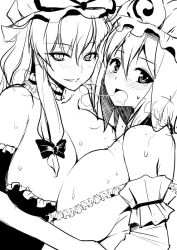 2girls after_kiss diisuke monochrome saliva_trail tagme touhou yukari_yakumo yuri yuyuko_saigyouji