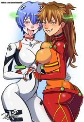 2019 27lsd 2girls ass asuka_langley_sohryu big_ass blue_eyes blue_hair blush bodysuit breast_press breasts brown_hair bubble_butt clothing commission female female_only hand_holding human interface_headset light-skinned_female light_skin long_hair looking_at_viewer medium_breasts neon_genesis_evangelion open_mouth orange_hair pale-skinned_female pale_skin pilot_suit plugsuit possession rebuild_of_evangelion red_eyes rei_ayanami saliva short_hair test_plugsuit thighs tongue tongue_out white_background wide_hips