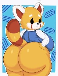 absurd_res aggressive_retsuko anthro ass big_ass big_breasts big_butt breasts capikeeta clothed clothing female fur furry furry_only hi_res huge_breasts huge_butt looking_at_viewer looking_back mob_face office_lady retsuko sanrio smile solo tail thick_thighs