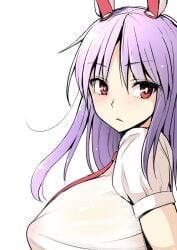 1girls bunny_ears diisuke large_breasts looking_at_viewer nipples_visible_through_clothing purple_hair red_eyes reisen_udongein_inaba see-through shirt tagme touhou