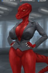 2:3 anthro bottomless breasts clothed clothing digital_media_(artwork) female genitals hi_res looking_at_viewer nihilophant orange_eyes pussy reptile scalie shaded simple_background solo text topwear