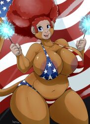 4th_of_july anthro areola big_breasts bikini breasts cleavage clothed clothing female haplorhine hi_res mammal mature_female monkey nightfaux primate stars_and_stripes swimwear thick_thighs united_states_of_america