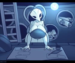 big_breasts blue_light cleavage cleavage_overflow hands_on_table hollow_knight ink inkplasm insect_girl insects iselda_(hollow_knight) leaning_forward paper table welwraith