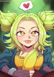 banana blush food_on_body food_penetration food_play green_hair league_of_legends looking_at_viewer medium_breasts nudestrongbana strongbana tongue_out zeri_(league_of_legends)