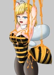 antenna bee bee_costume bee_girl big_breasts blonde_hair blue_eyes breasts female female_only fur hair hololive hololive_english hololive_myth honey honey_(food) hoonter insect_girl insect_wings medium_hair no_bra pantyhose pose posing request shaded short_hair stinger thick thick_legs thick_thighs thighs virtual_youtuber watson_amelia white_fur wings