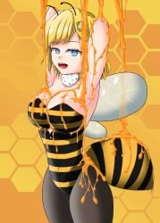 antenna bee bee_costume bee_girl beehive big_breasts blonde_hair blue_eyes breasts female female_only fur hair hololive hololive_english hololive_myth honey honey_(food) hoonter insect_girl insect_wings medium_hair no_bra pantyhose pose posing request shaded short_hair stinger thick thick_legs thick_thighs thighs virtual_youtuber watson_amelia white_fur wings