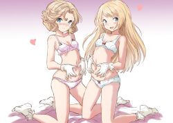 2girls artist_request blonde_hair blue_eyes blush bra breasts curly_hair gloves janus_(kantai_collection) jervis_(kantai_collection) kantai_collection lace-trimmed_bra lace-trimmed_panties legs lingerie long_hair looking_at_viewer love_hearts multiple_girls navel on_bed on_knees open_mouth pale-skinned_female pale_skin panties pose posing small_breasts thighs white_gloves