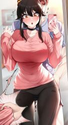 1boy 1girls akchu big_breasts chobi_(akchu) female female_focus leggings male mirror mirror_selfie original pink_shirt selfie tagme thigh_gap tight_clothes tight_clothing tight_pants