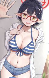 1boy 1girls absurdres abydos_high_school_student against_wall ayane_(blue_archive) ayane_(swimsuit)_(blue_archive) bangs bikini bikini_top_only bikini_under_clothes black_hair blue_archive braid breasts bulge cleavage collarbone cowboy_shot crown_braid duo erection erection_under_clothes female female_focus foreclosure_task_force_(blue_archive) glasses grey_shorts halo hand_on_own_chest highres jacket kabedon large_breasts long_sleeves low_ponytail motion_lines navel open_clothes open_jacket open_mouth pointy_ears pov precum_through_clothes red-framed_eyewear short_hair short_ponytail short_shorts shorts signature solo_focus stomach straight striped striped_bikini swimsuit tacticsalt trembling white_jacket yellow_eyes