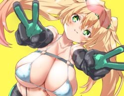 +_+ blonde_hair breasts double_v elbow_gloves female gloves green_eyes highres huge_breasts kz_oji micro_bra navel original simple_background solo twintails v yellow_background