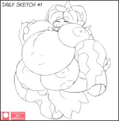 anthro belly big_belly big_breasts bovid breasts caprine clothing comic digital_media_(artwork) domestic_sheep english_text female fur hair male mammal neo_geppetto nipples open_mouth overweight overweight_female patreon patreon_logo remi_(neo_geppetto) sheep simple_background slightly_chubby smile solo teats text thick_thighs udders wide_hips