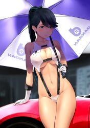 arm_support bangs bare_shoulders black_hair blue_eyes blush bow breasts car cleavage cleavage_cutout closed_mouth clothing_cutout collarbone covered_nipples cowboy_shot female female_only fully_clothed gloves green_bow ground_vehicle hair_ribbon hairbow high_ponytail highres holding holding_umbrella houshou_(kantai_collection) kantai_collection large_breasts linea_alba long_hair looking_at_viewer motor_vehicle navel on_vehicle ponytail race_queen revealing_clothes ribbon sitting slingshot_swimsuit smile solo sweat swimsuit thighs umbrella underboob very_long_hair wa_(genryusui) white_gloves white_swimsuit