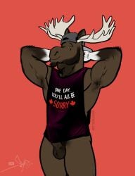 anthro antlers backwards_hat balls bara bgn bottomless canada_day capreoline cervid clothed clothing digital_media_(artwork) erection erection_under_clothing fur genitals hair hands_behind_head hat headgear headwear hi_res horn looking_at_viewer male male_only mammal moose muscular muscular_anthro muscular_male nude penis shirt shirt_only simple_background smile solo solo_male text topwear topwear_only