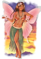 1girls 5:7 5_fingers 5_toes brown_hair casual_topless dancing deviantart fairy fairy_wings female flower_bracelet flower_in_hair grass_skirt hula hula_dancer hula_girl hula_skirt jkrolak looking_at_viewer necklace no_bra orange_eyes original original_character shirtless shounengirl sunset tan_body topless topless_female white_flower