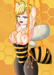 antenna bee bee_costume bee_girl beehive big_breasts blonde_hair blue_eyes breasts breasts_out breasts_outside female female_only fur hair hololive hololive_english hololive_myth honey honey_(food) hoonter insect_girl insect_wings medium_hair nipples no_bra pantyhose pink_nipples pose posing request shaded short_hair stinger thick thick_legs thick_thighs thighs virtual_youtuber watson_amelia white_fur wings