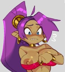 1girls accidental_exposure bare_shoulders big_areola big_breasts big_nipples blush bra breast_slip breasts breasts_out brown_nipples dark-skinned_female dark_areola dark_nipples dark_skin earrings female female_only gritted_teeth neck_ring nipple_slip nipples ponytail purple_hair shantae shantae_(character) smooth_skin solo wamudraws wardrobe_malfunction wayforward