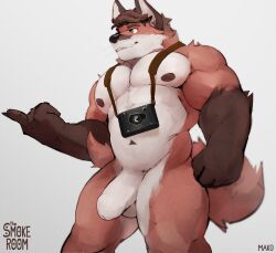 1boy balls brown_hair camera camera_strap canid canine echo_(series) echo_project fist foreskin fox furry furry_only hanging_camera mako_owo male male_only multicolored_body murdoch_byrnes muscular_male penis pointing tail the_smoke_room uncircumcised whiskers